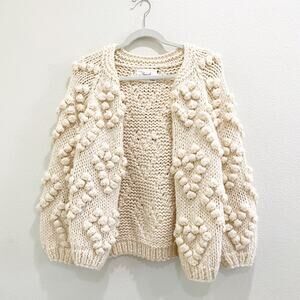 revolve chic wish pom pom open front knit cream cardigan small/medium